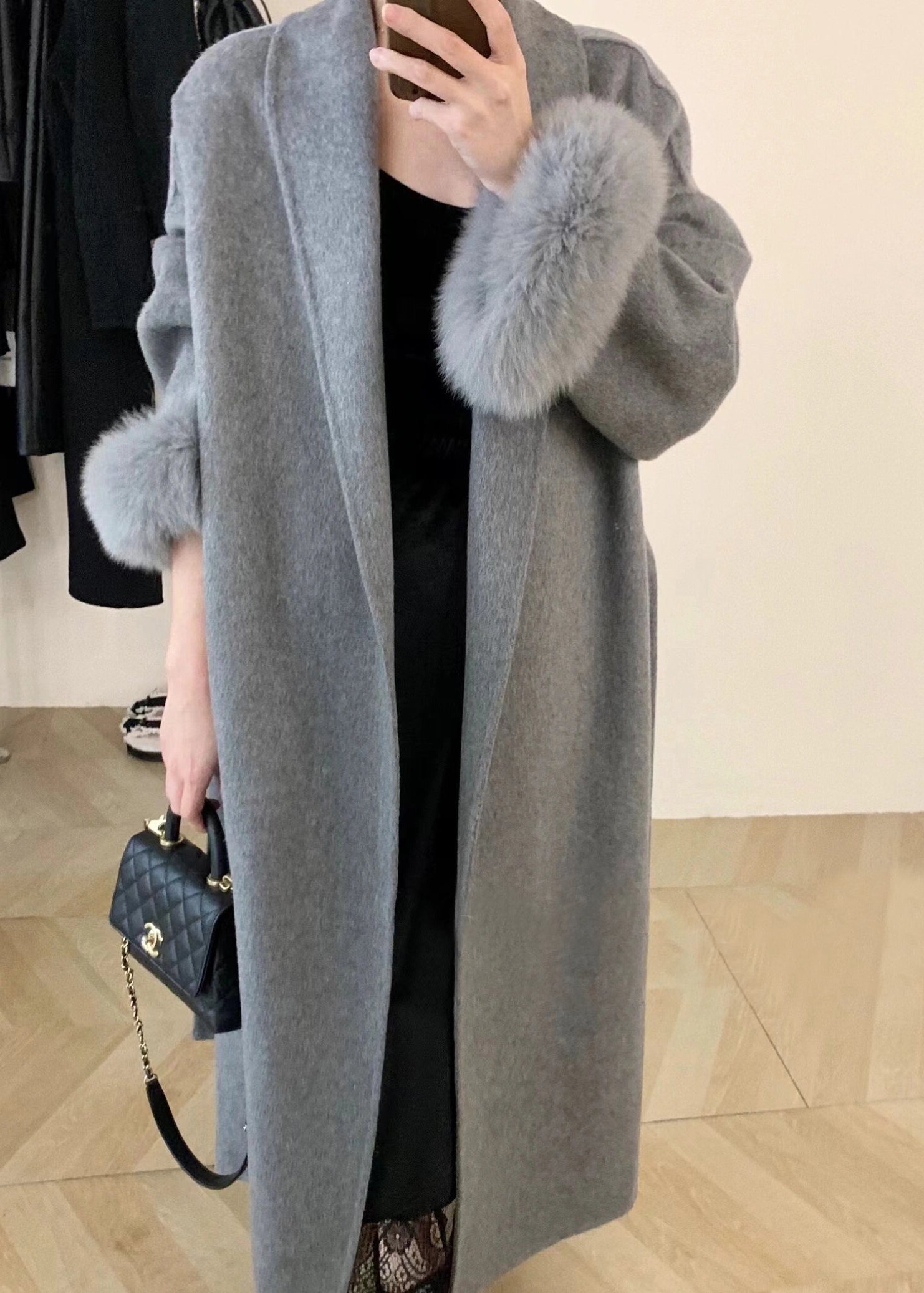 Fashion Grey Fox Fur Patchwork Woolen Duster Coat Winter