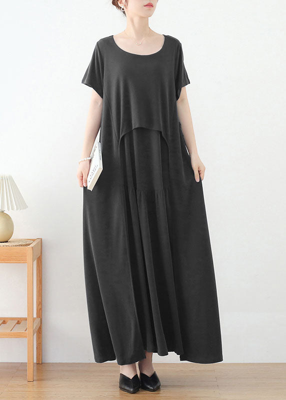 Fashion Grey O-Neck Asymmetrical Design Long Dresses Short Sleeve