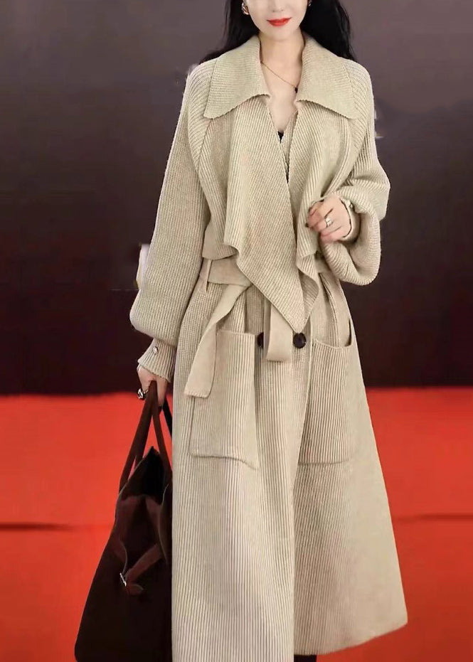 Fashion Grey Peter Pan Collar Pockets Tie Waist Knit Long Coats Spring