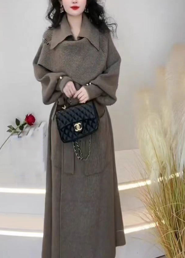 Fashion Grey Peter Pan Collar Pockets Tie Waist Knit Long Coats Spring