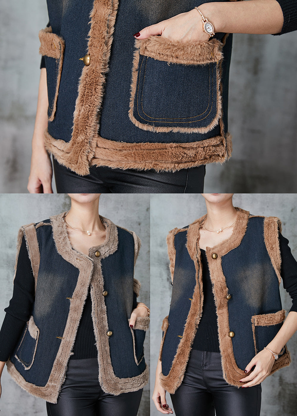 Fashion Grey Pockets Patchwork Warm Fleece Denim Vests Spring