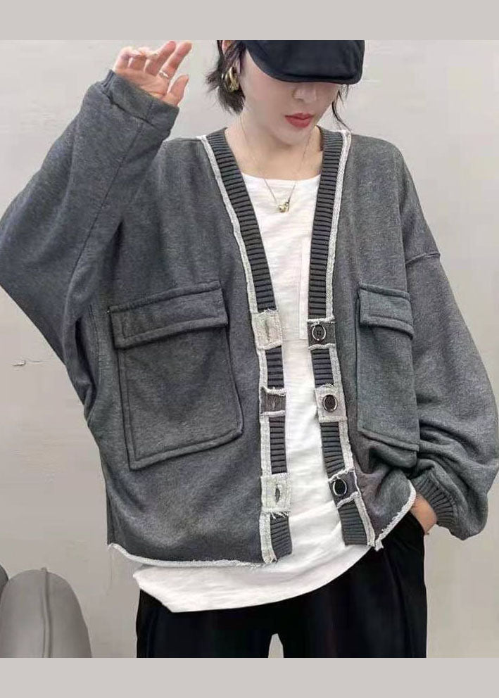 Fashion Grey button V Neck Pockets coats Spring