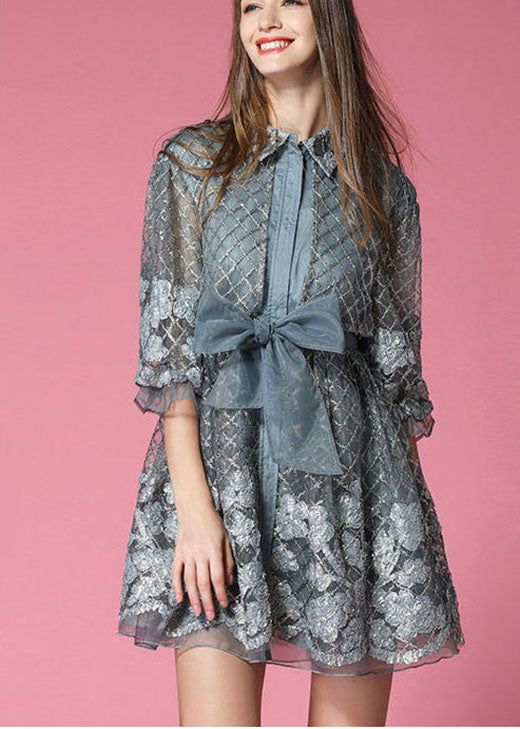 Fashion Grey organza Patchwork Hollow Out Bow waist Fall Half Sleeve Coat