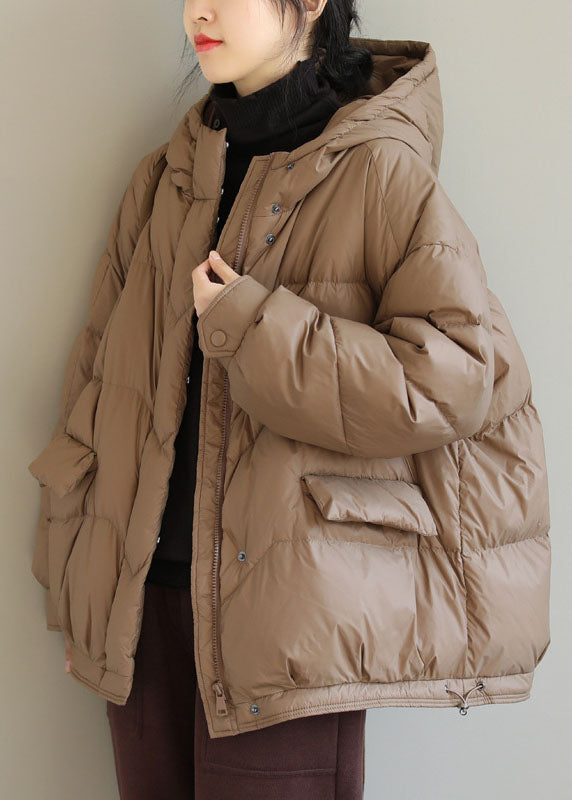 Fashion Khaki Hooded Zippered Pockets Winter Down Coat Long sleeve