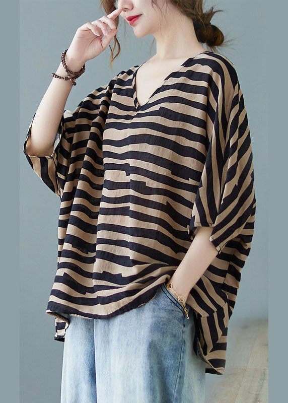 Fashion Khaki V Neck Bat wing Sleeve Striped Print Fall Blouses