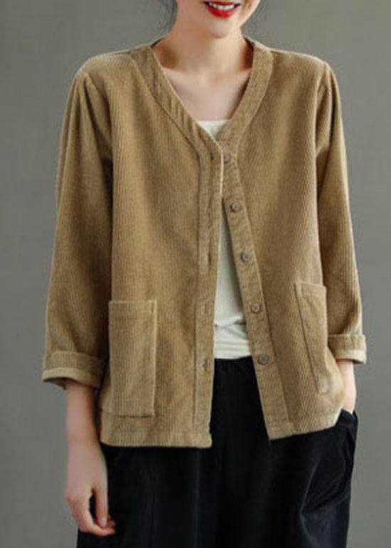 Fashion Khaki button V Neck Corduroy coats Spring