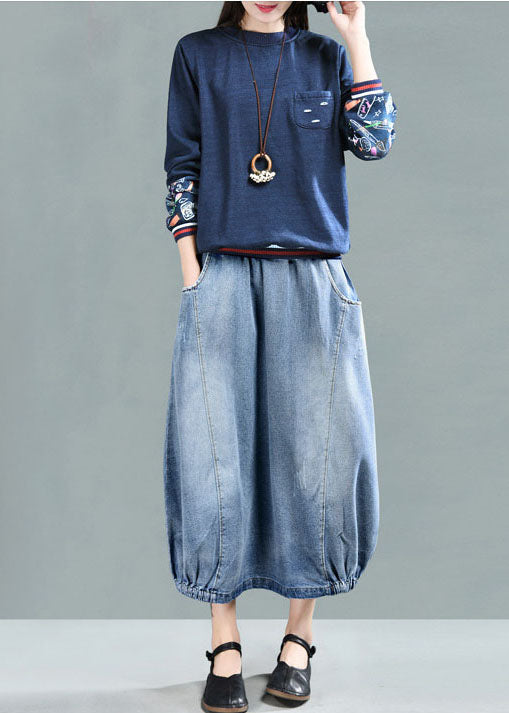 Fashion Light Blue Elastic Waist Pockets Cotton Denim Skirt Summer