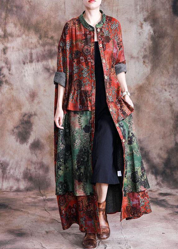 Fashion Loose fall red patchwork green print pockets coat for woman