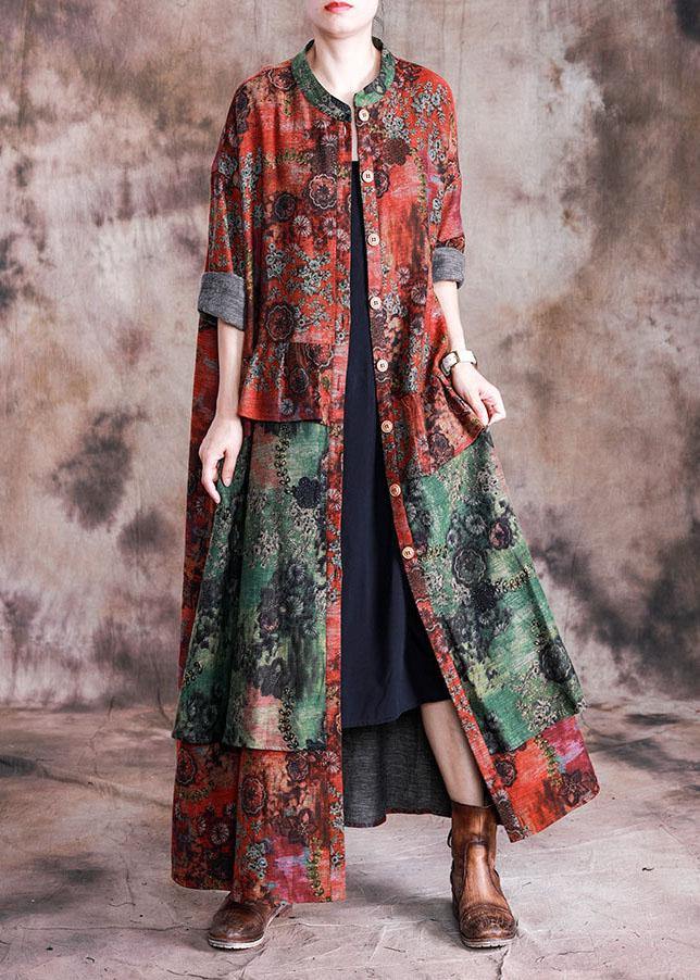 Fashion Loose fall red patchwork green print pockets coat for woman