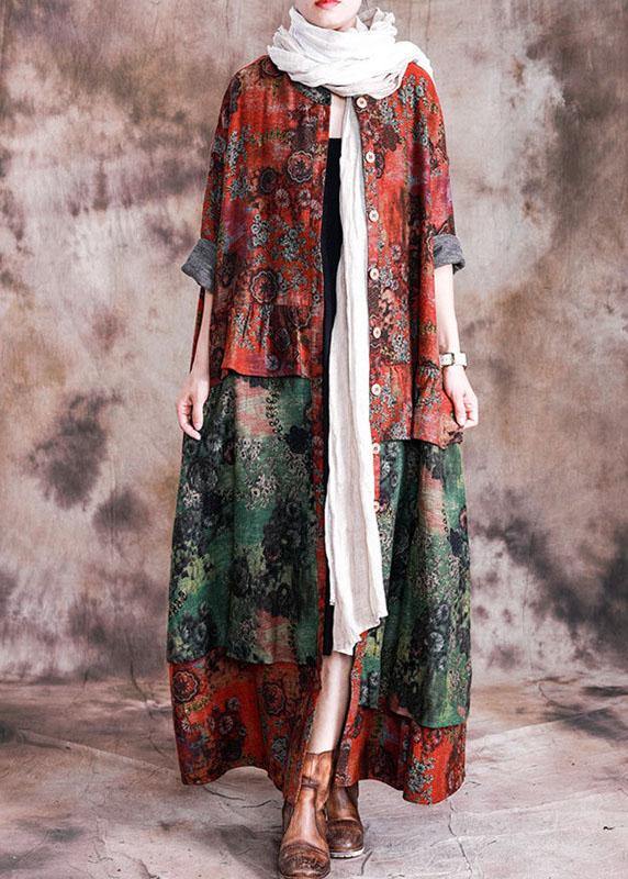 Fashion Loose fall red patchwork green print pockets coat for woman