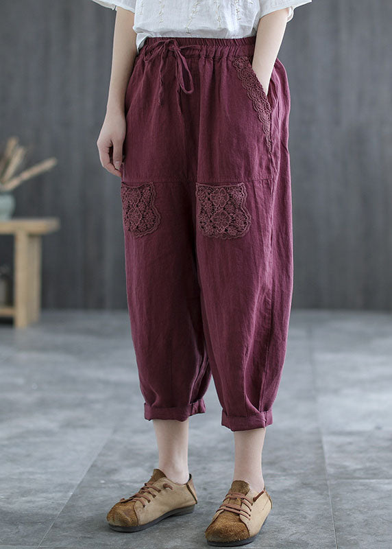 Fashion Mulberry Hollow Out Lace Patchwork Linen Harem Pants Fall