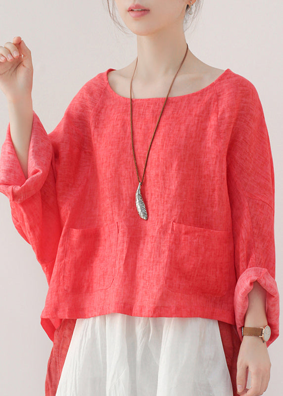 Fashion Orange Pockets Linen Pullover Sweatshirt Batwing Sleeve