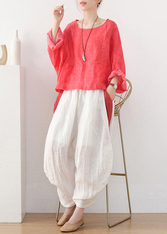 Fashion Orange Pockets Linen Pullover Sweatshirt Batwing Sleeve