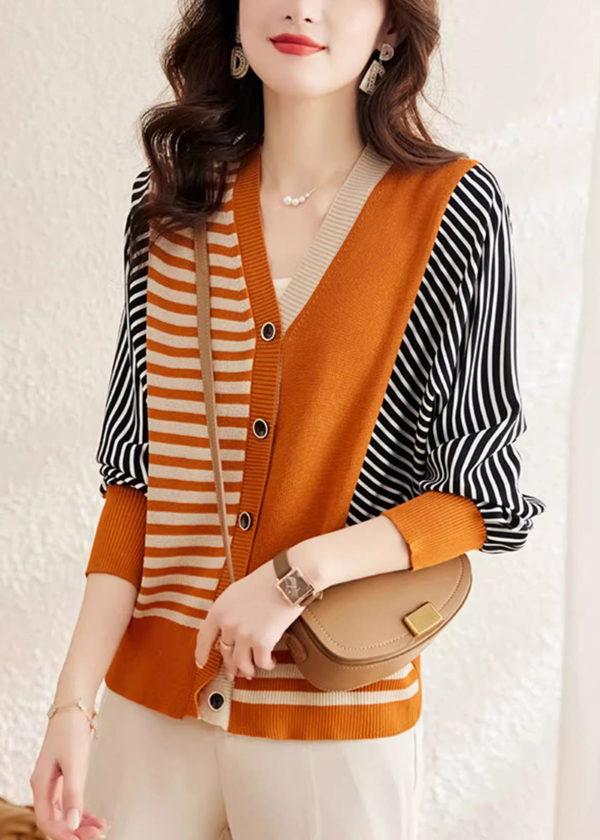 Fashion Orange V Neck Striped Button Woolen Sweater Spring