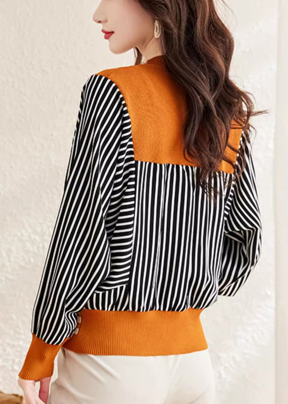 Fashion Orange V Neck Striped Button Woolen Sweater Spring