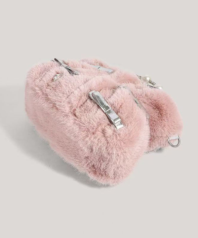 Fashion Pink Bow Zircon Fuzzy Fur Tote Handbag