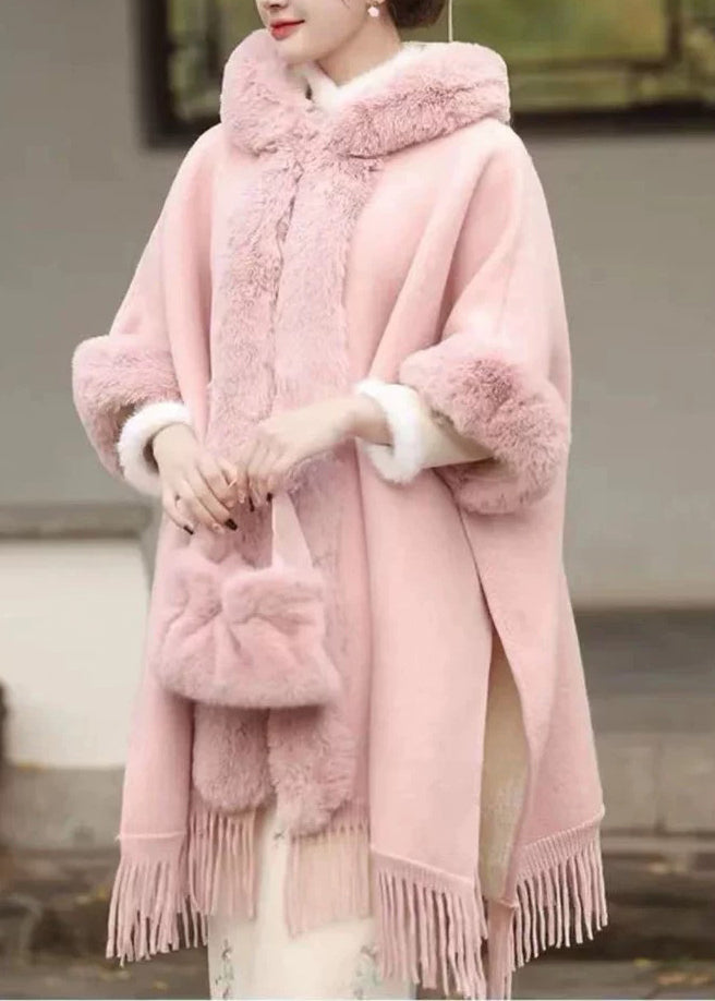 Fashion Pink Fur Collar Tassel Hooded Woolen Coat Spring