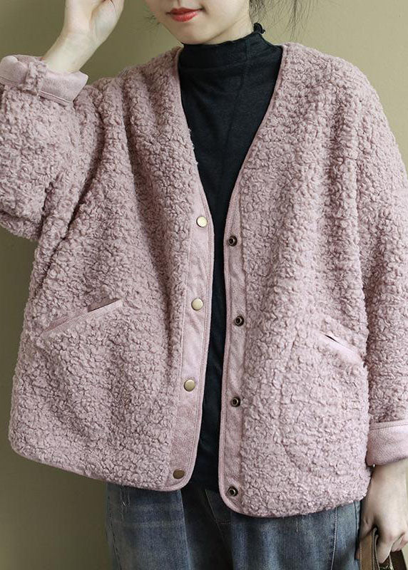 Fashion Pink Pockets Button Casual Fall Winter Thick Coats Long sleeve