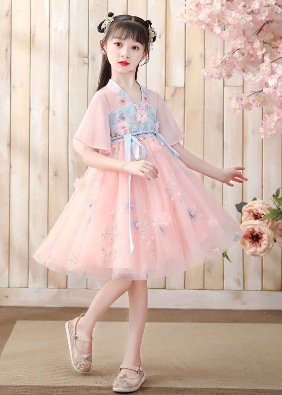 Fashion Pink V Neck Embroideried Layered Tulle Kids Mid Dress Short Sleeve