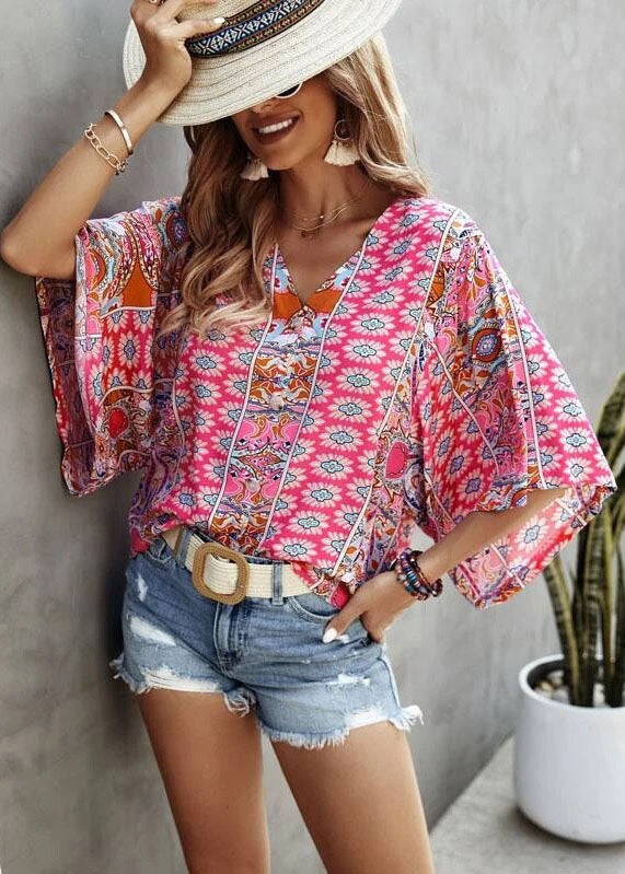 Fashion Pink V Neck Print Loose Tank Tops Short Sleeve