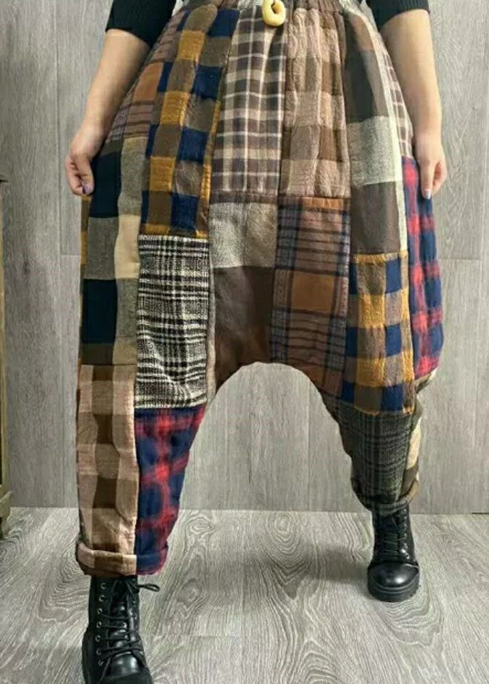 Fashion Plaid Patchwork thick Linen Pants Winter