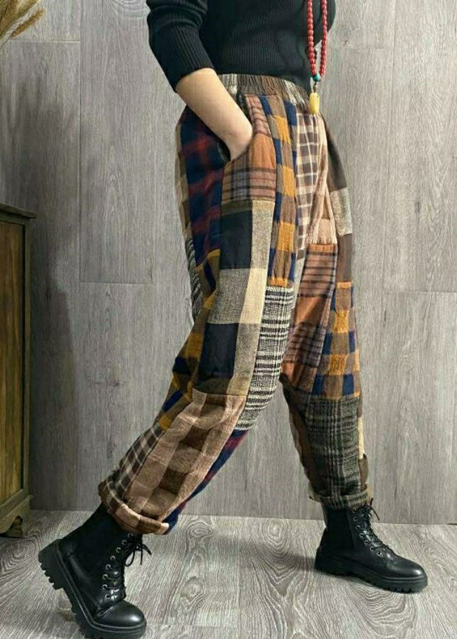 Fashion Plaid Patchwork thick Linen Pants Winter