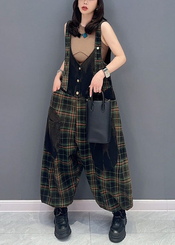 Fashion Plaid Pockets Patchwork Cotton Jumpsuits Summer