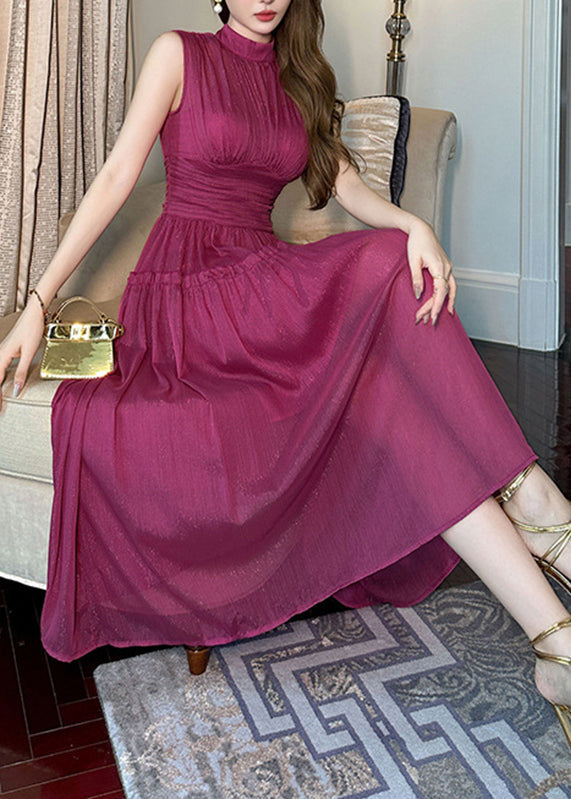 Fashion Purple Stand Collar High Waist Chiffon Holiday Maxi Dress Sleeveless