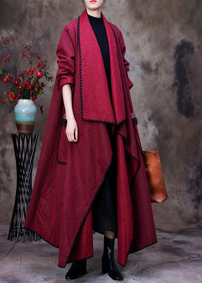 Fashion Red Peter Pan Collar asymmetrical design pockets Cashmere coats Spring