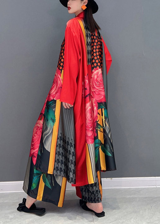 Fashion Red Peter Pan Collar side open Print Chiffon Long Shirt And wide leg pants Two Piece Long Sleeve