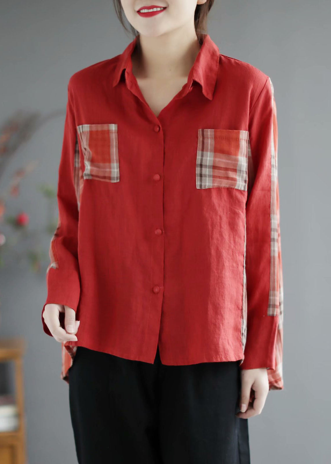 Fashion Red Plaid Patchwork PeterPan Collar Button Fall Shirt Long sleeve