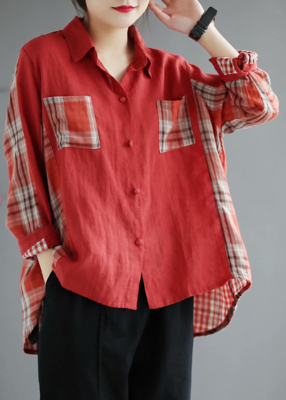 Fashion Red Plaid Patchwork PeterPan Collar Button Fall Shirt Long sleeve