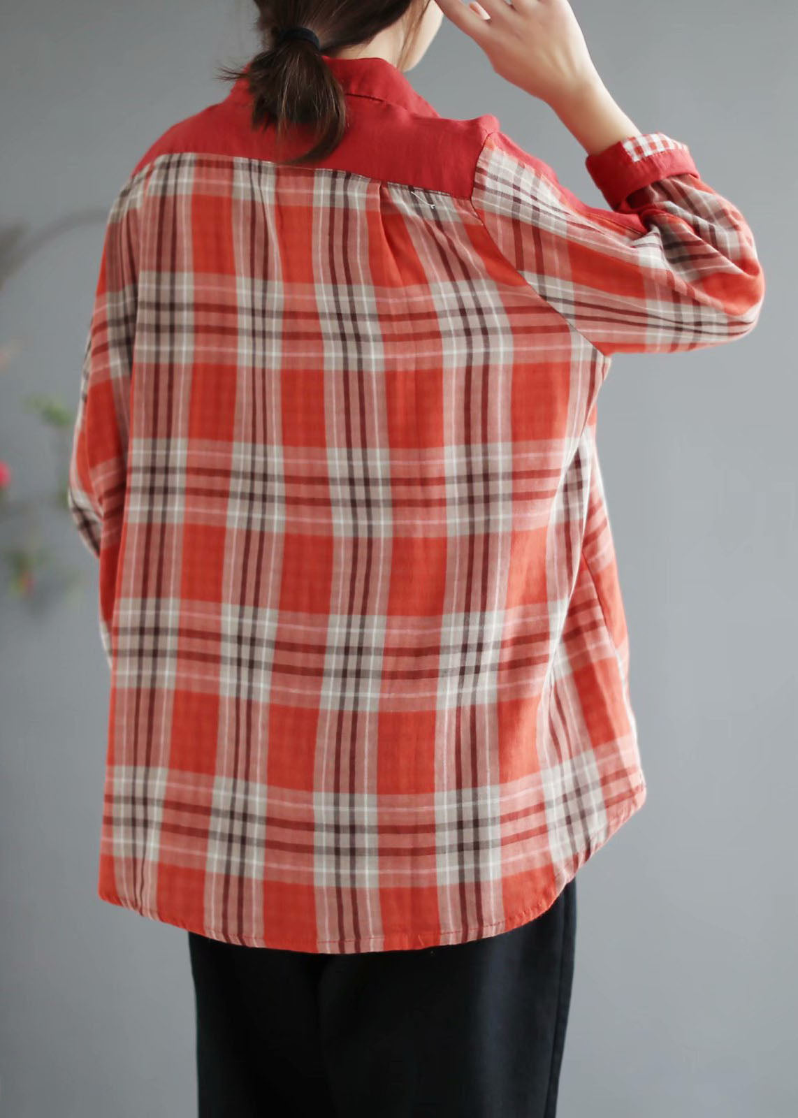 Fashion Red Plaid Patchwork PeterPan Collar Button Fall Shirt Long sleeve