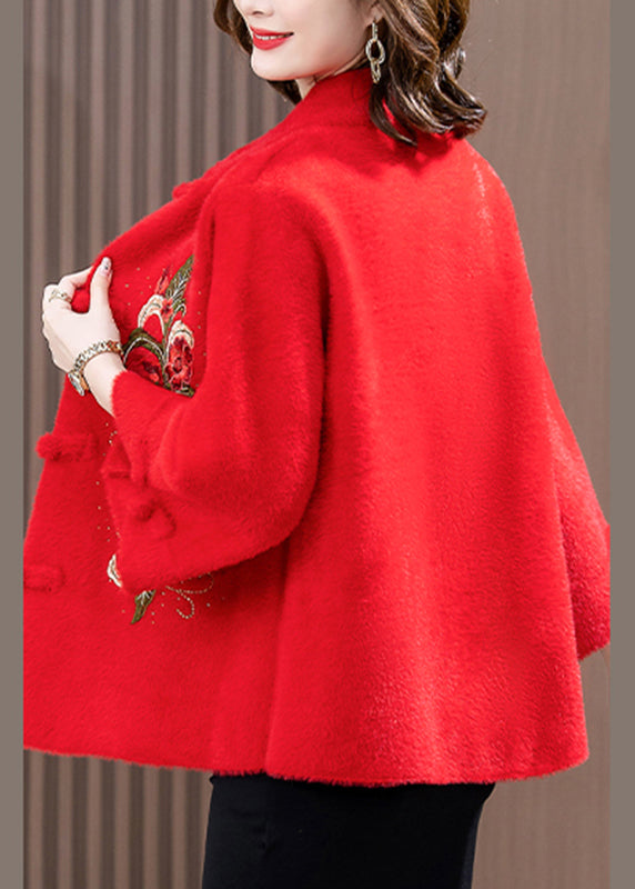 Fashion Red Print Patchwork Mink Velvet Woolen Coat Spring