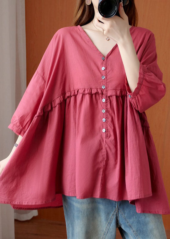 Fashion Rose V Neck Button asymmetrical design Ruffled Fall Shirt Half Sleeve