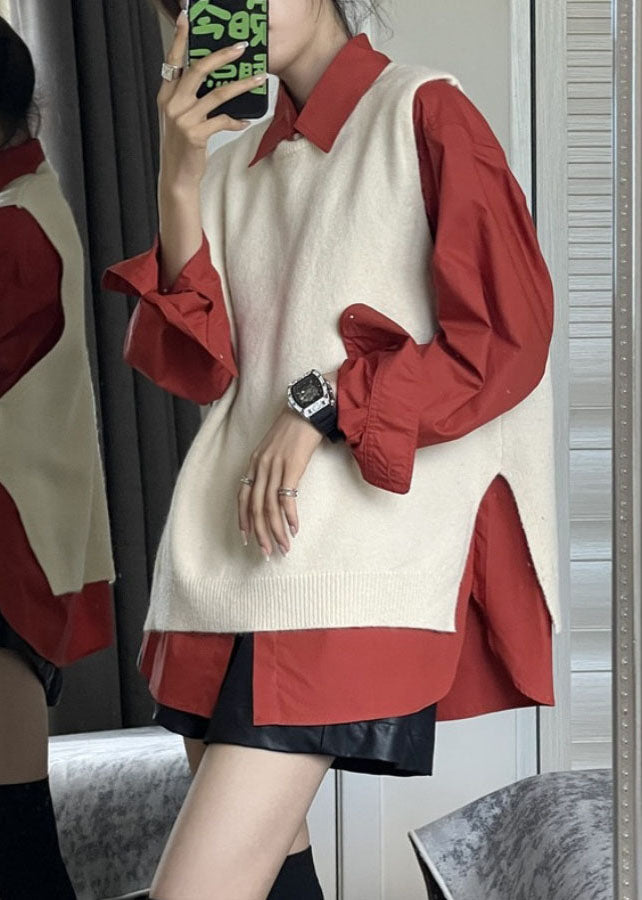 Fashion Side Open Apricot Knit Waistcoat And Red Shirts Two Pieces Set Fall