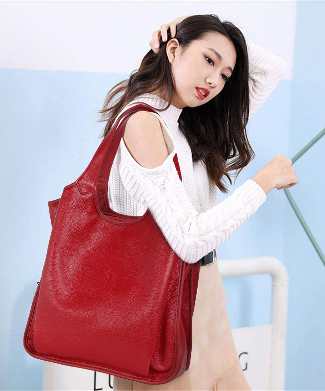 Fashion Versatile Red Large Capacity Calf Leather Satchel Handbag