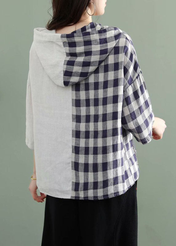 Fashion White hooded Plaid Patchwork Fall Half Sleeve Shirt Top