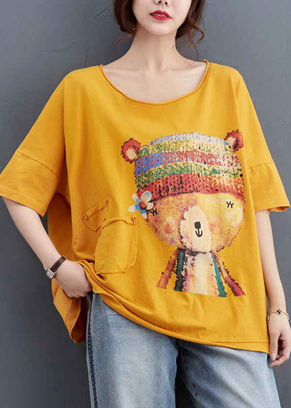 Fashion Yellow Loose O-Neck Print Fall Tees Half Sleeve