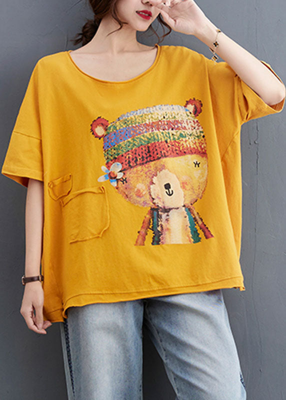 Fashion Yellow Loose O-Neck Print Fall Tees Half Sleeve