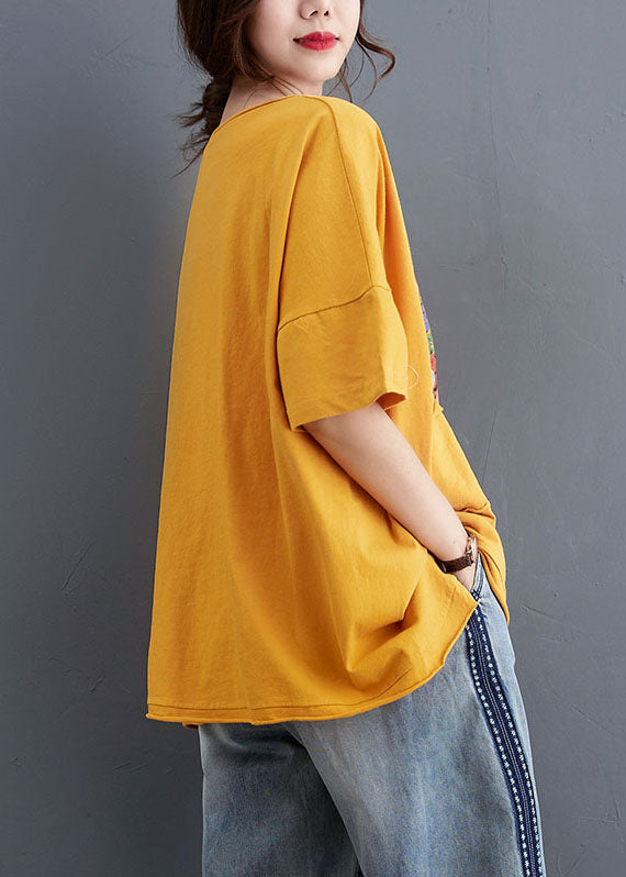 Fashion Yellow Loose O-Neck Print Fall Tees Half Sleeve