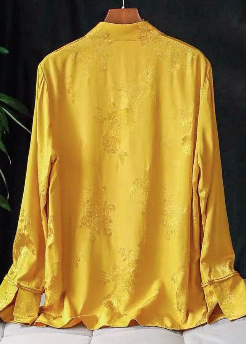 Fashion Yellow Mandarin Collar Jacquard Tassel Silk Shirt Top Long Sleeve