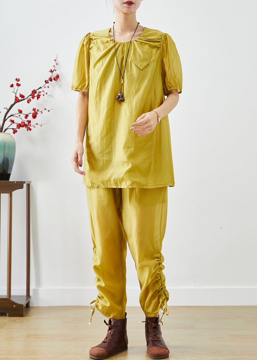 Fashion Yellow O-Neck Wrinkled Silk 2 Piece Outfit Summer