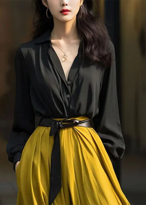 Fashion Yellow Peter Pan Collar Butto Shirt Fall