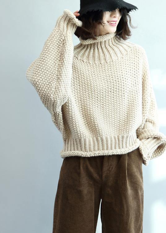 Fashion beige knit tops high neck lantern sleeve trendy plus size knit tops