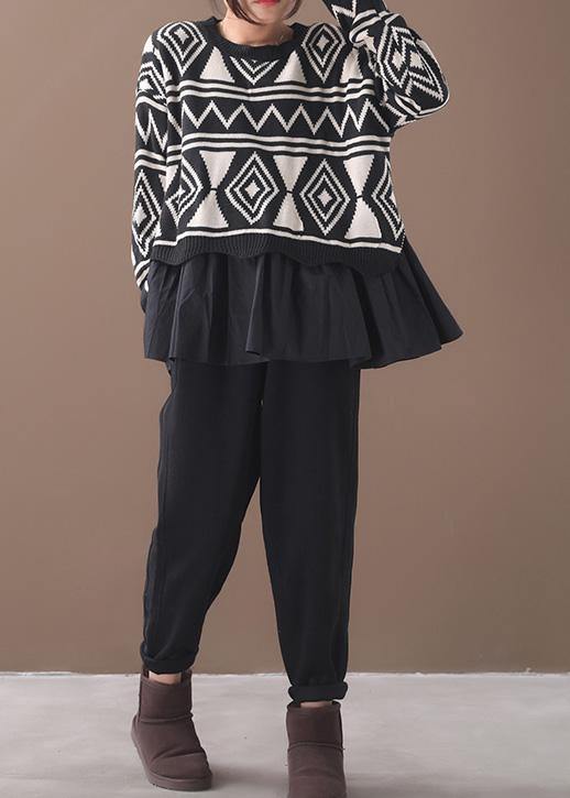 Fashion black Sweater Blouse patchwork plus size Geometry knitted blouse