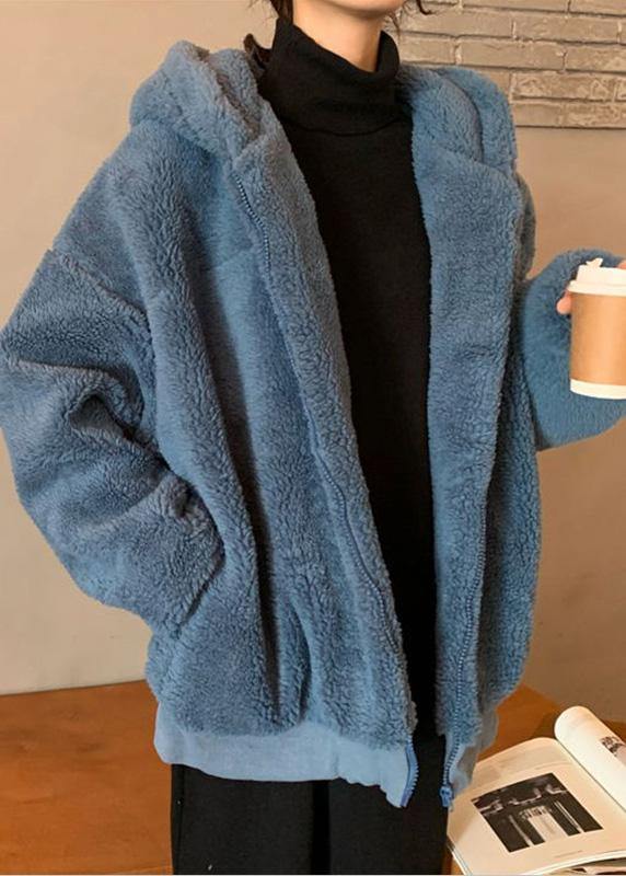 Fashion blue woolen overcoat Loose fitting mid-length coats hooded winter outwear