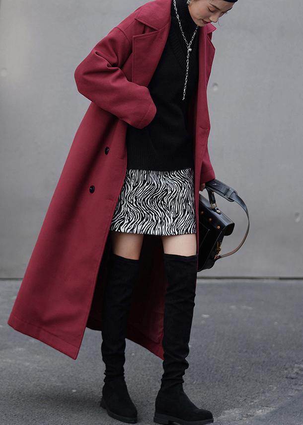 Fashion burgundy wool coat Loose fitting Notched double breast Coats outwear