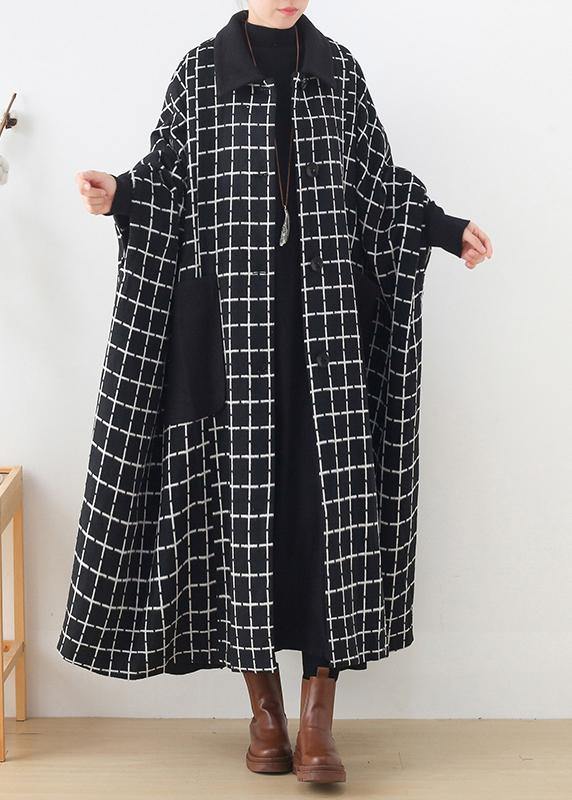 Fashion casual maxi coat outwear black white plaid lapel pockets Woolen Coats