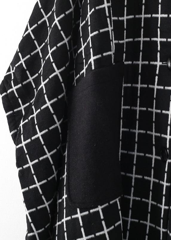 Fashion casual maxi coat outwear black white plaid lapel pockets Woolen Coats